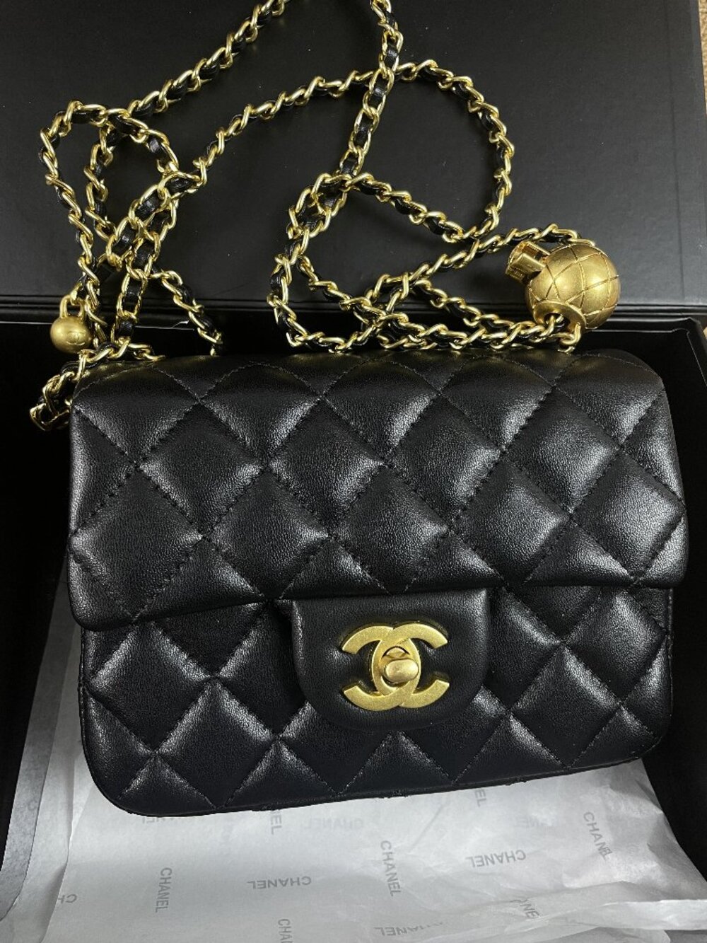 Chanel Mini Classic Flap Bag, Black Lambskin, Limited Edition Globe Chain Strap